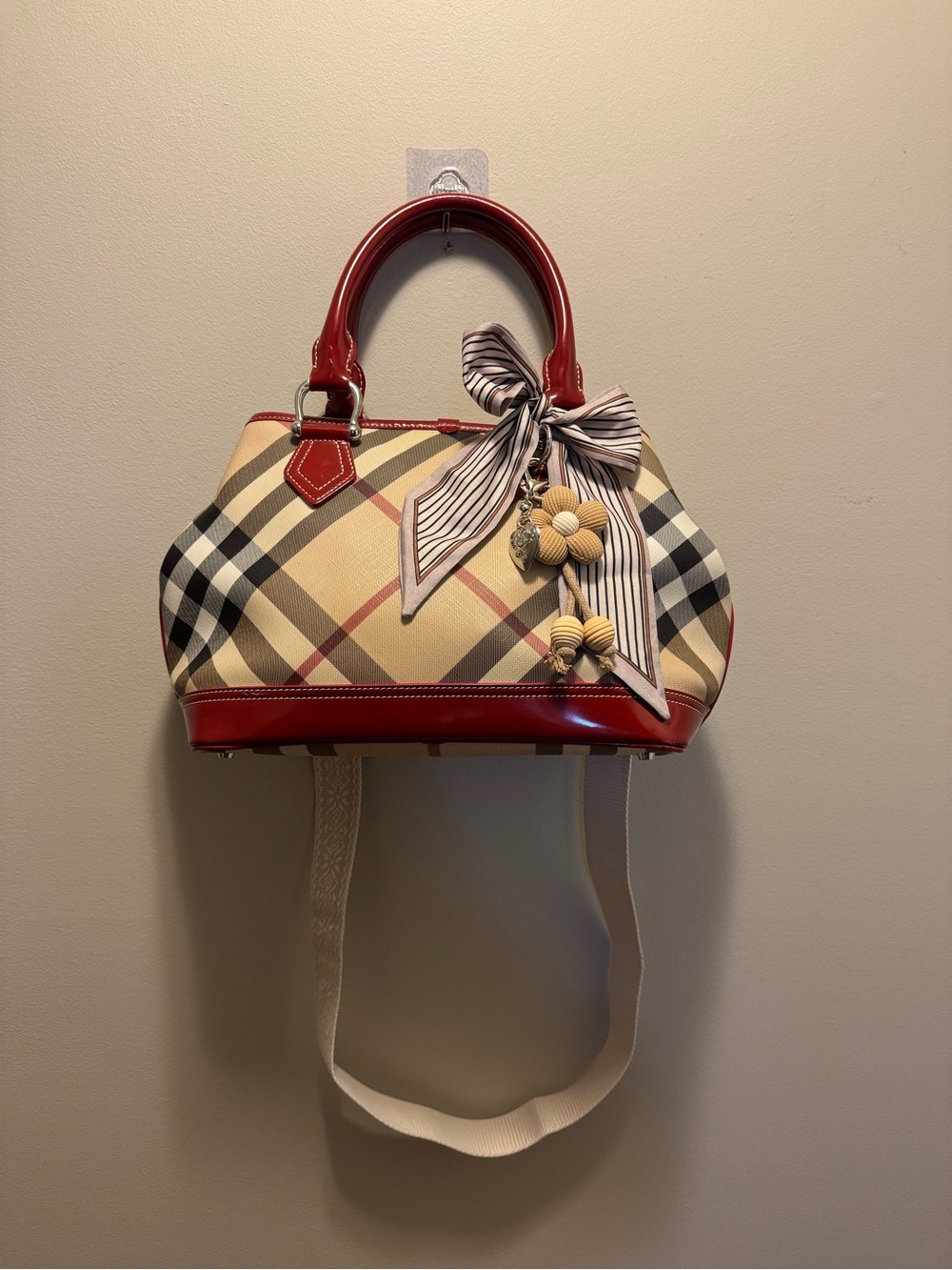 Vintage Burberry Nova Check Red Patent Satchel Y2K + Dust Bag Tags Strap Charms - Picture 1 of 15